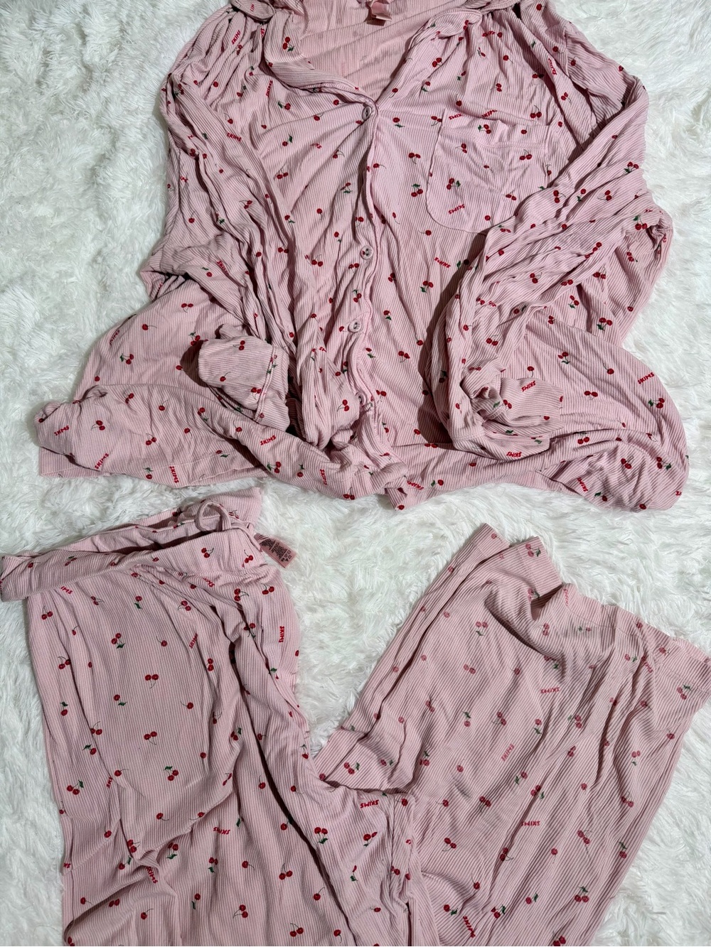 SKIMS 2X Cherries Print Pajama Sleep Matching Set Long Sleeve Pants Ribbed Soft